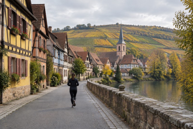 Rows of vines on a hillside above a half-timbered Alsace wine village, autumn colour, church tower below.