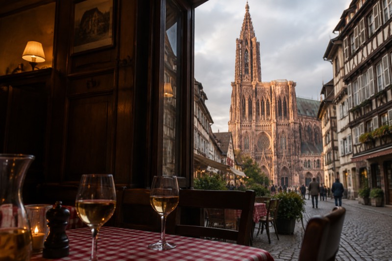 A cosy winstub interior with dark wood panelling, checked tablecloths, glasses of Alsace wine and low warm lamps.