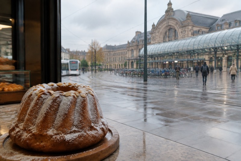 A fluted ring-shaped kougelhopf dusted with icing sugar on a bakery counter, almonds on top.