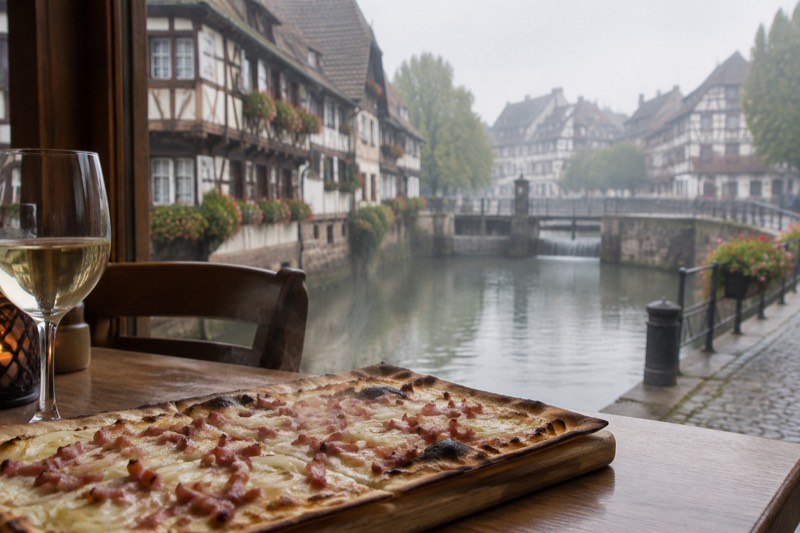 A rectangular tarte flambée with onions and bacon on a wooden board, steam still rising.