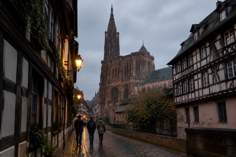 A lamplit old town street in Strasbourg on an evening walking tour, half-timbered facades above