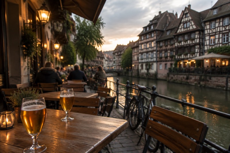 Wooden pub tables and glasses of beer on a terrace in a lamplit Strasbourg lane in the evening
