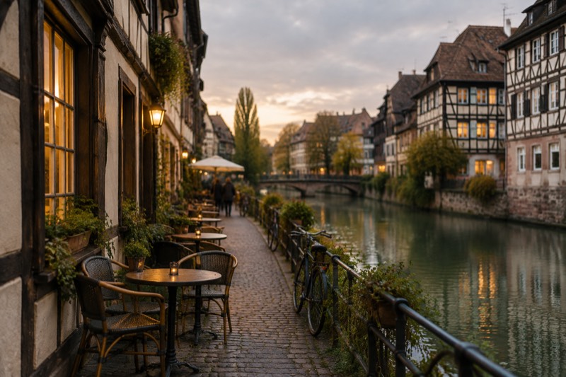 Quiet riverside lane at dusk with half-timbered fronts, warm lit windows and a few café tables