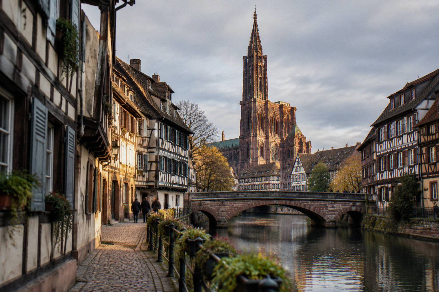 A tranquil waterside lane of half-timbered houses in Strasbourg