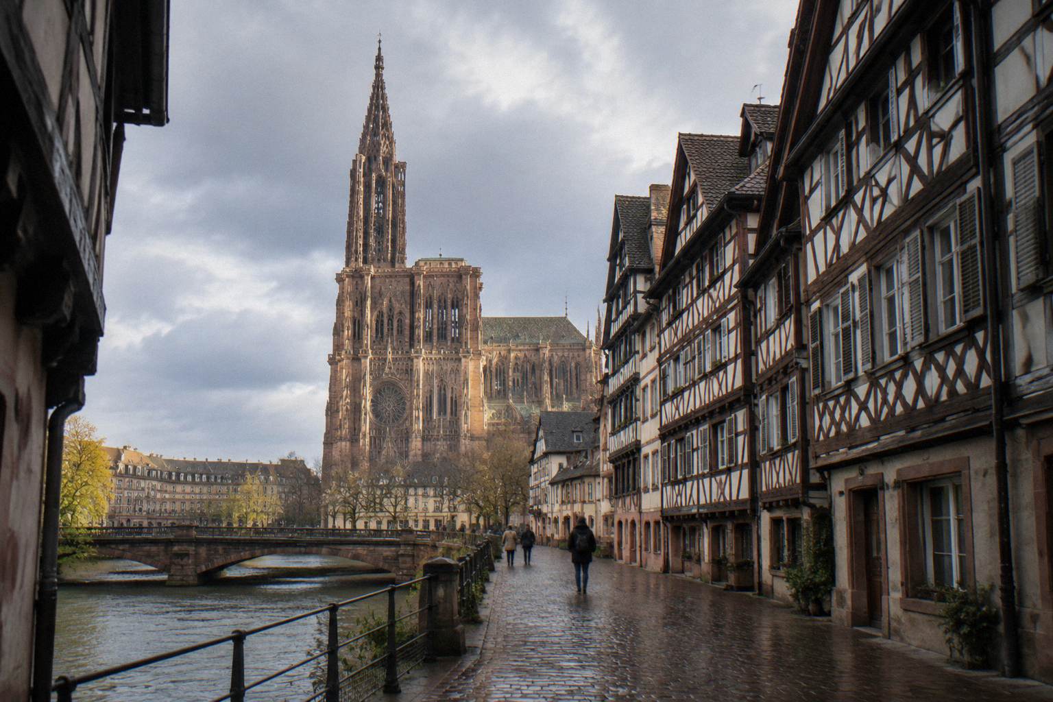 A street of tall gabled half-timbered houses on the Grande Ile, Strasbourg