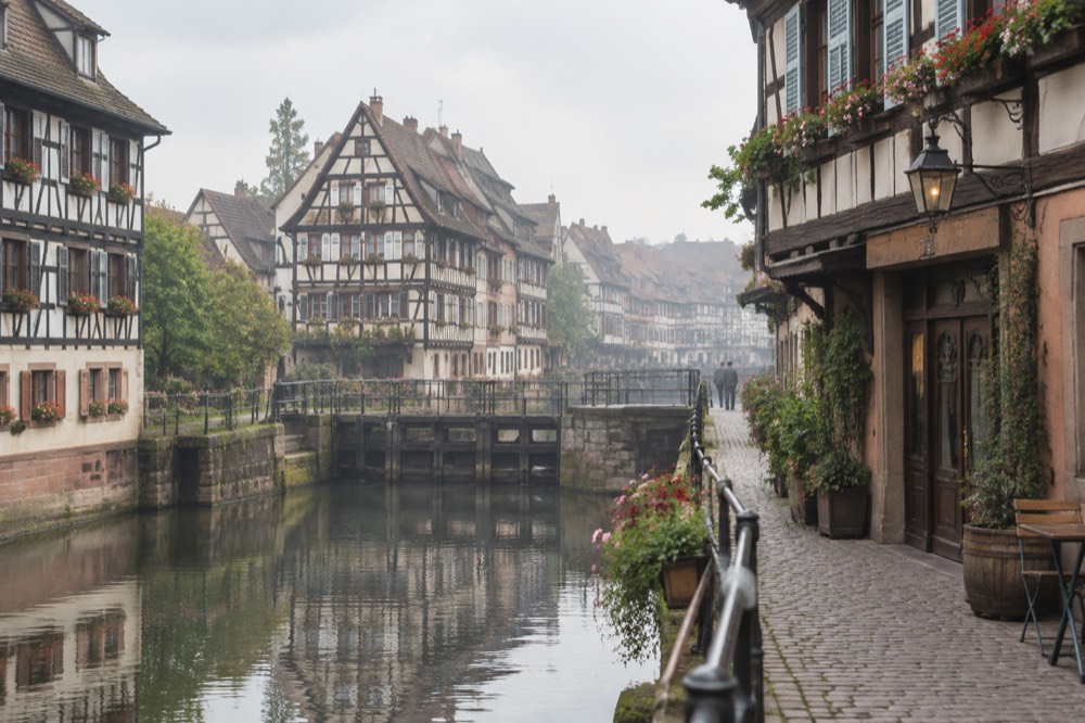 Painted shopfronts and a traditional winstub entrance on an old town street in Strasbourg