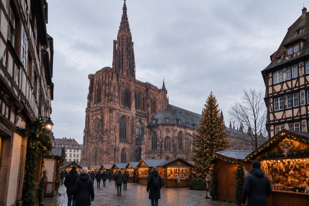 Christmas market chalets and a decorated tree beside Strasbourg Cathedral at dusk