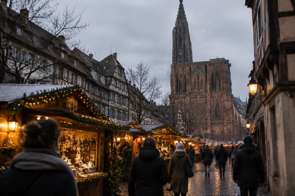Illuminated Christmas market stalls along a narrow street in central Strasbourg at night