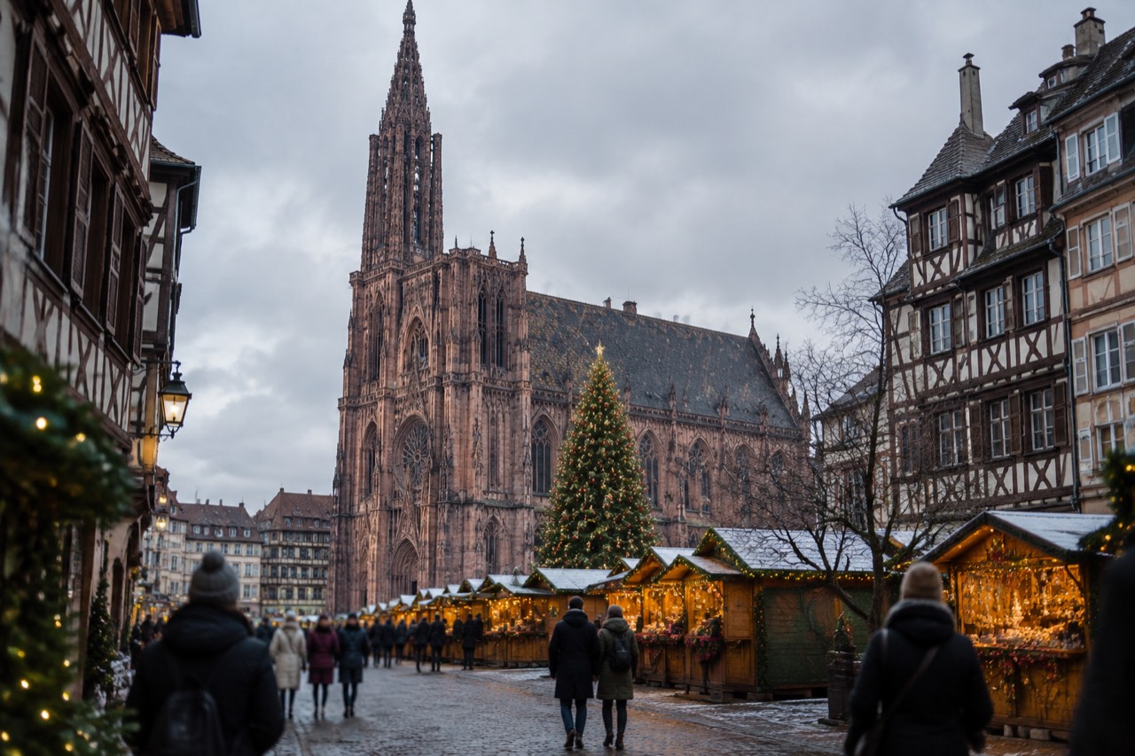 Christmas market chalets and a decorated tree beside Strasbourg Cathedral at dusk