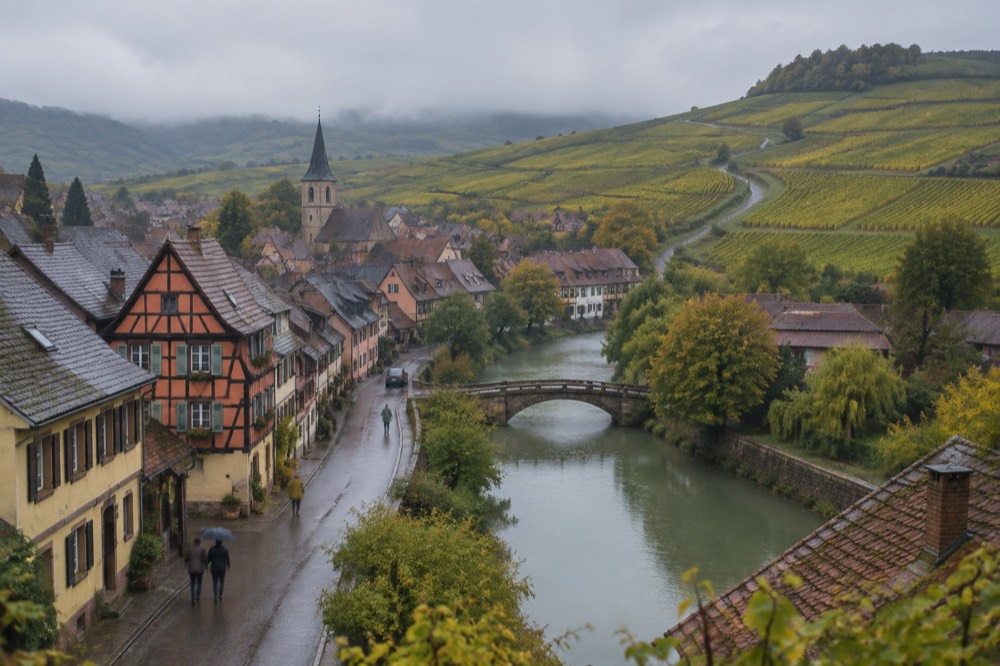 Vineyard covered hills above an Alsatian wine village with a narrow road winding between rows of vines