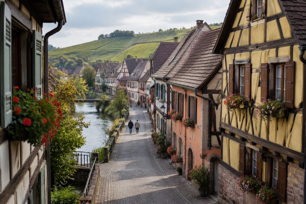 A narrow street of half-timbered houses with flower boxes in an Alsatian wine village