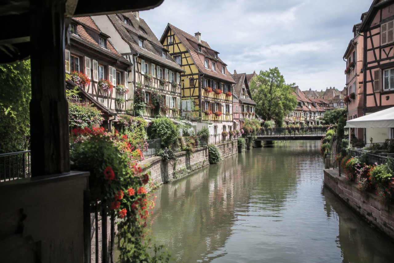 Half-timbered houses along a quiet canal in Colmar's old quarter