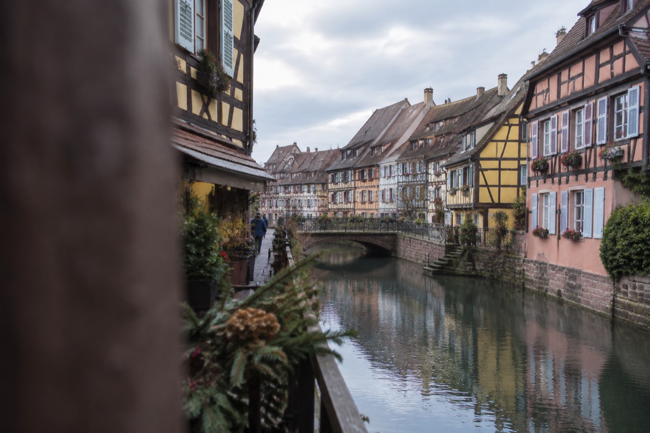 Half-timbered houses with colourful facades along a quiet canal in Colmar's old town