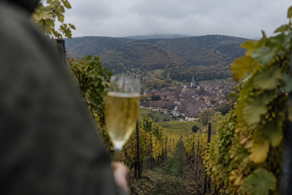 A glass of golden Alsatian sparkling wine beside vineyard slopes in Alsace