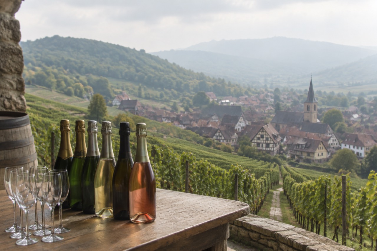Bottles of Alsatian sparkling wine lined up on a wooden tasting table in a cellar