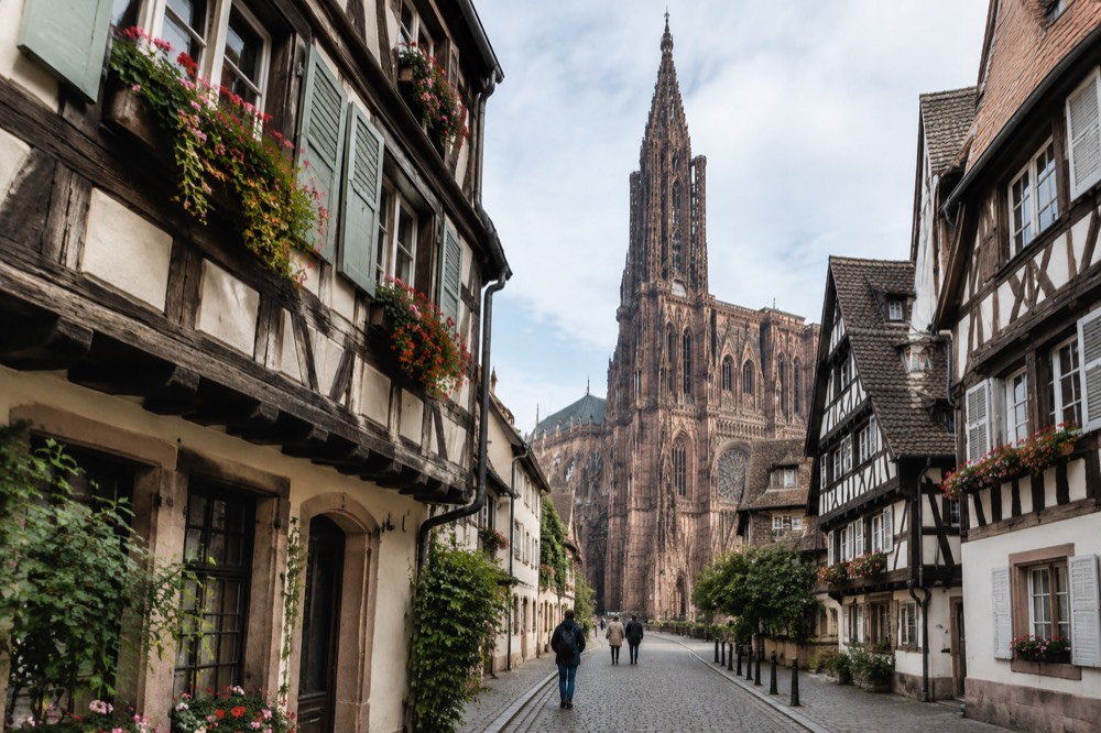 A narrow Alsatian street with timber-framed facades and flower boxes in daylight