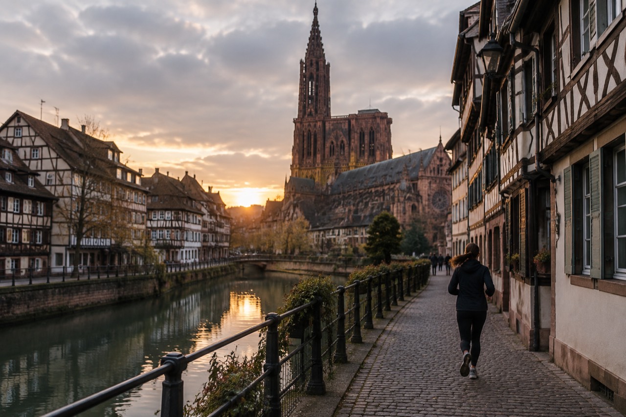Half-timbered houses along a canal in an Alsatian old town at dusk