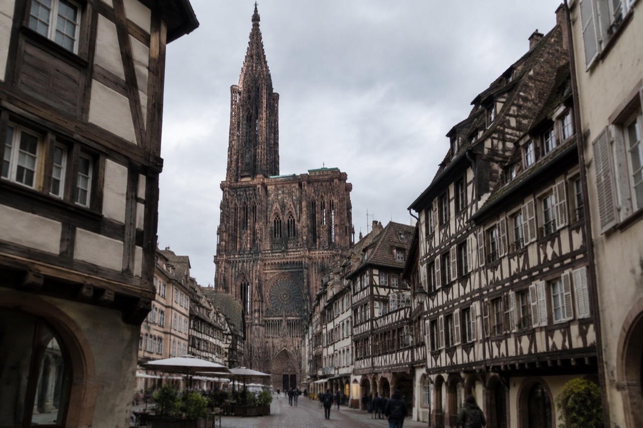 The single-spired Strasbourg Cathedral rising above rooftops in the historic centre