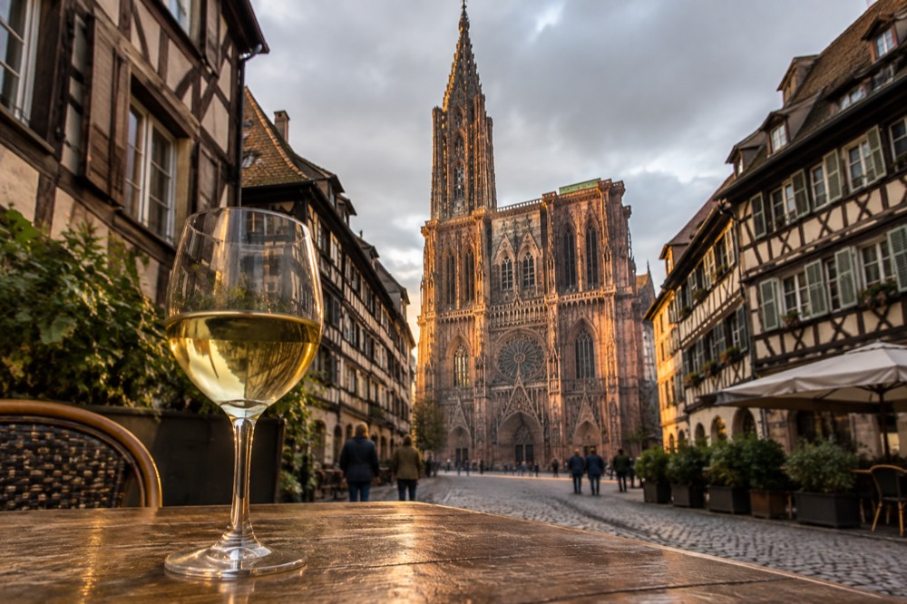 A glass of white wine on a wooden table beside half-timbered houses in Strasbourg