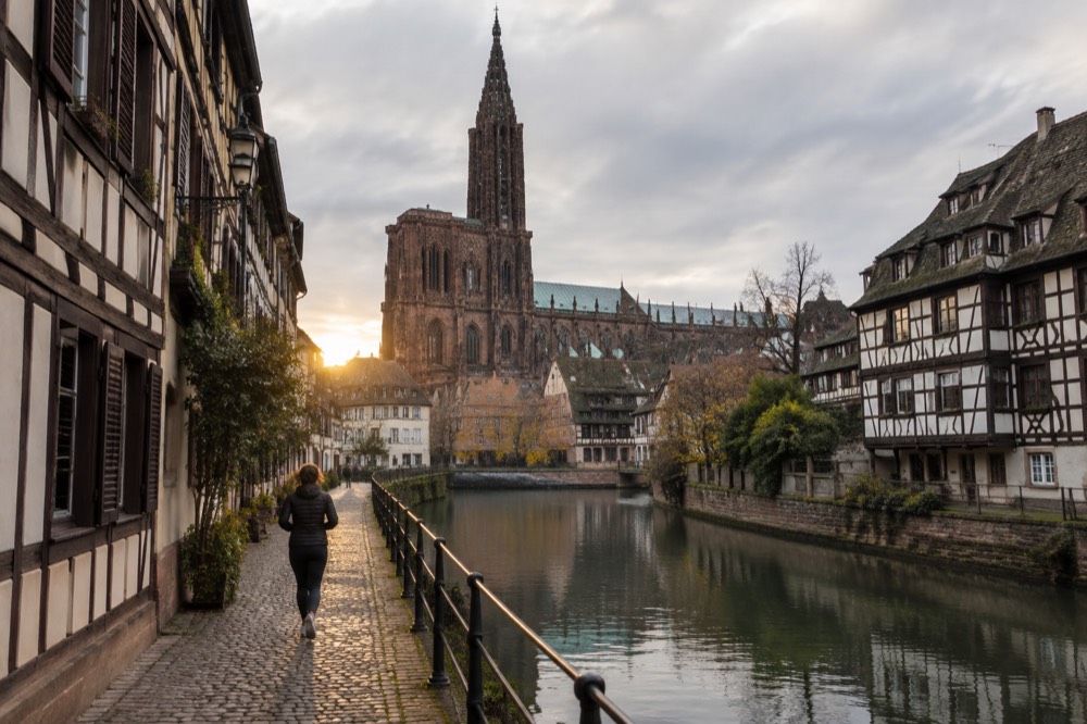Half-timbered buildings along a canal in Strasbourg's old town