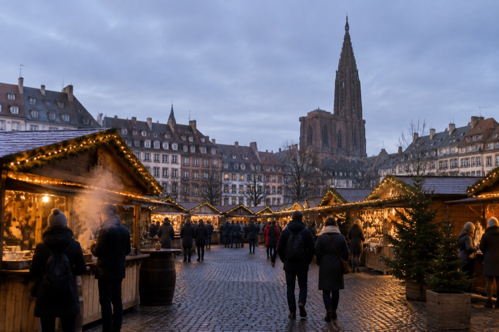 Wooden market chalets with warm lights lining a cobbled square in Strasbourg's old town