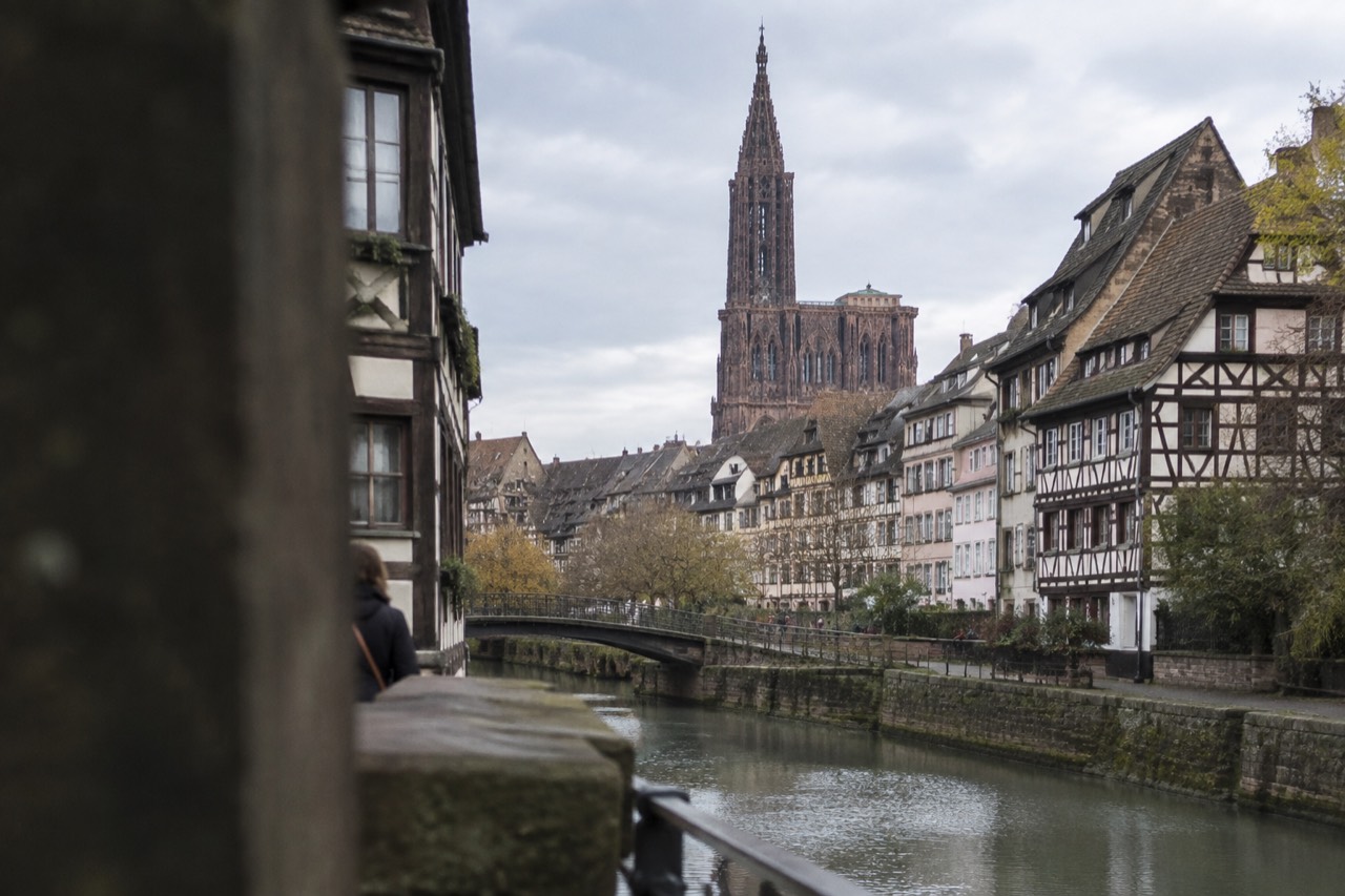 Half-timbered houses along a canal in Strasbourg with the cathedral spire rising beyond the rooftops