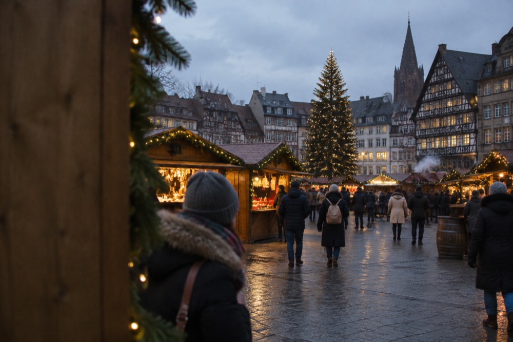 Strasbourg's market square with a decorated Christmas tree and half-timbered buildings glowing with evening lights
