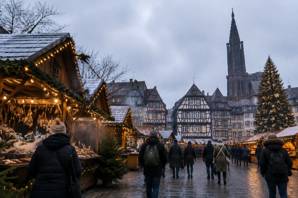 Half-timbered houses and a Christmas tree above a decorated square