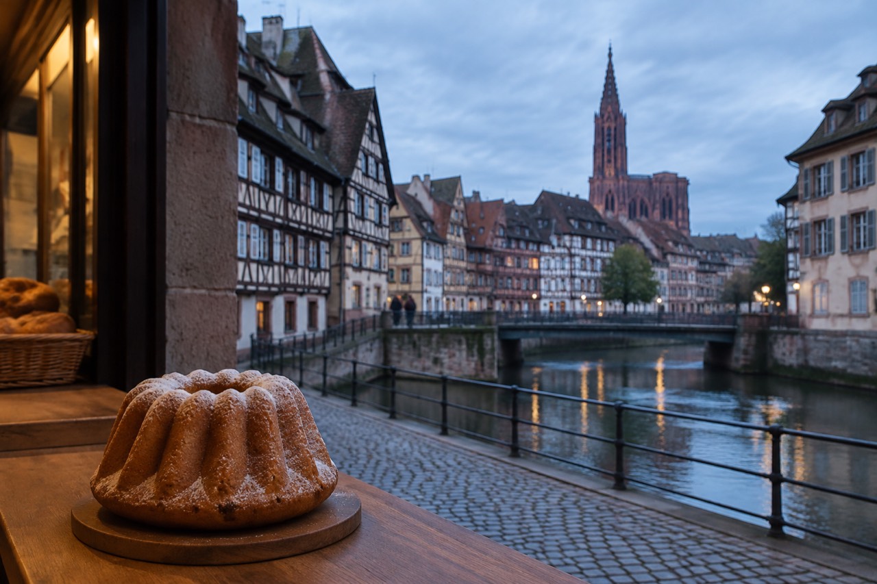 A golden kougelhopf ring cake dusted with icing sugar on a wooden bakery counter