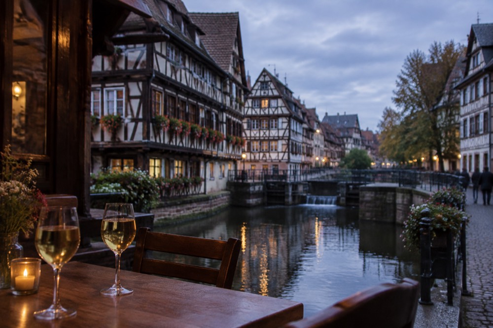 Glasses of white Alsace wine on a wooden table in a dim Strasbourg winstub