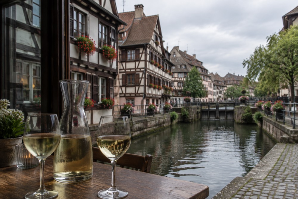 A carafe of white wine and two glasses on a winstub table beside a window