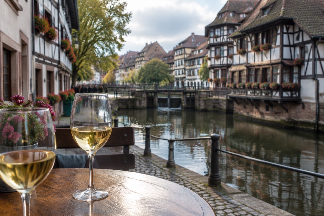 Glasses of white Alsace wine on a wooden table in a Strasbourg winstub