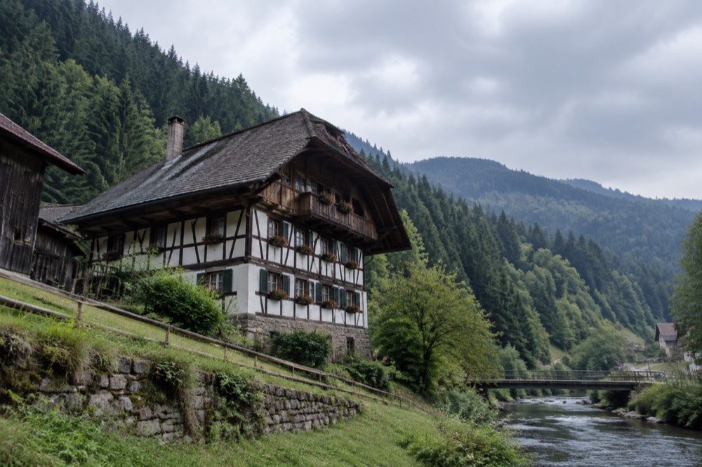 A half-timbered house in a Black Forest village with forested hills behind