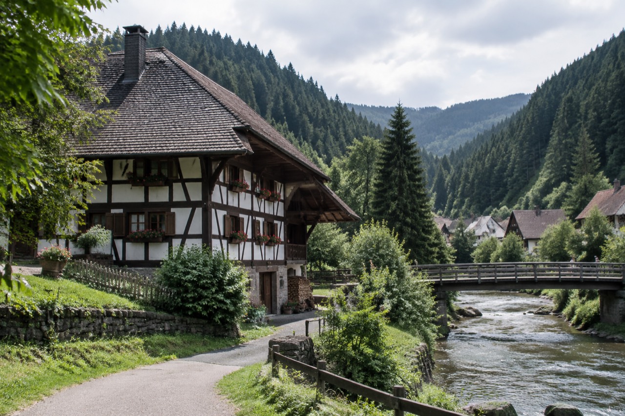 A half-timbered house in a Black Forest village with forested hills behind