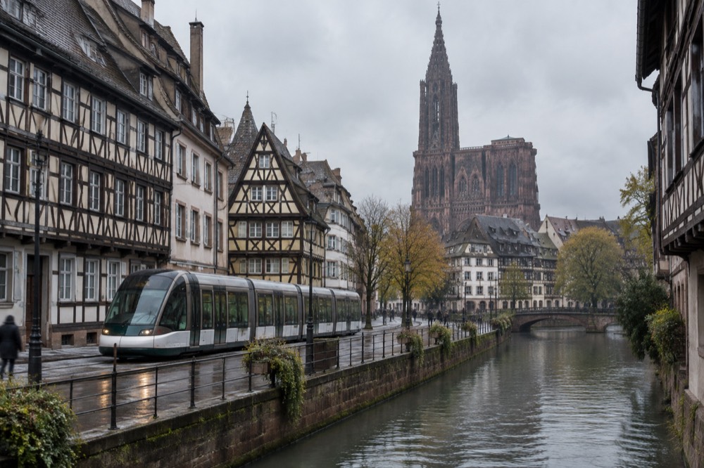 A tram passing half-timbered buildings along a canal in central Strasbourg