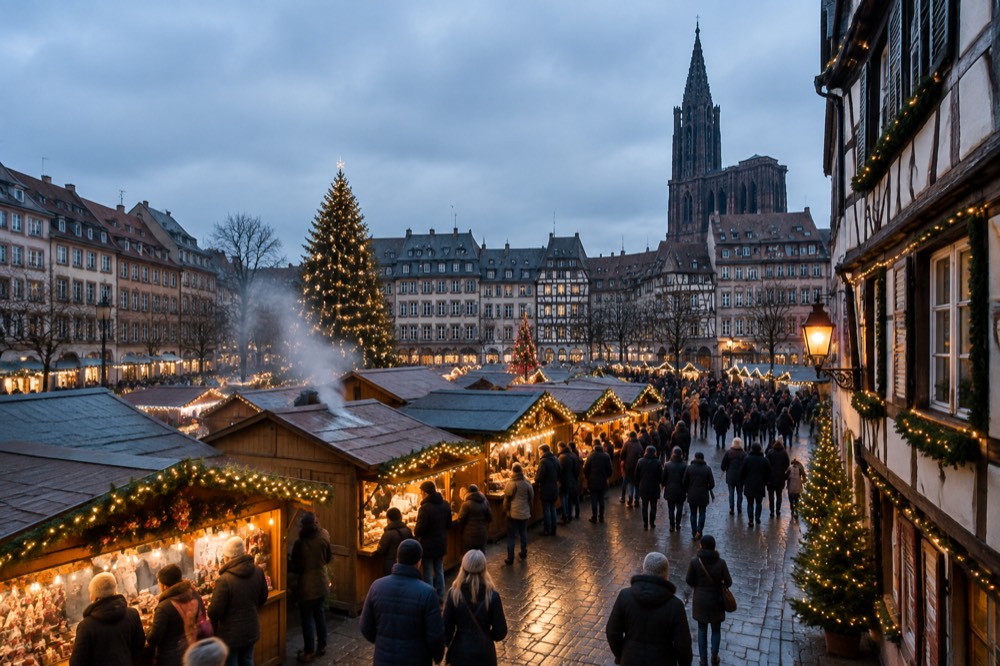 A decorated half-timbered street with Christmas lights in an Alsace wine town