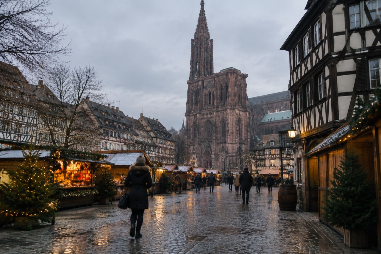 Half-timbered houses and a Christmas market square in Strasbourg at dusk