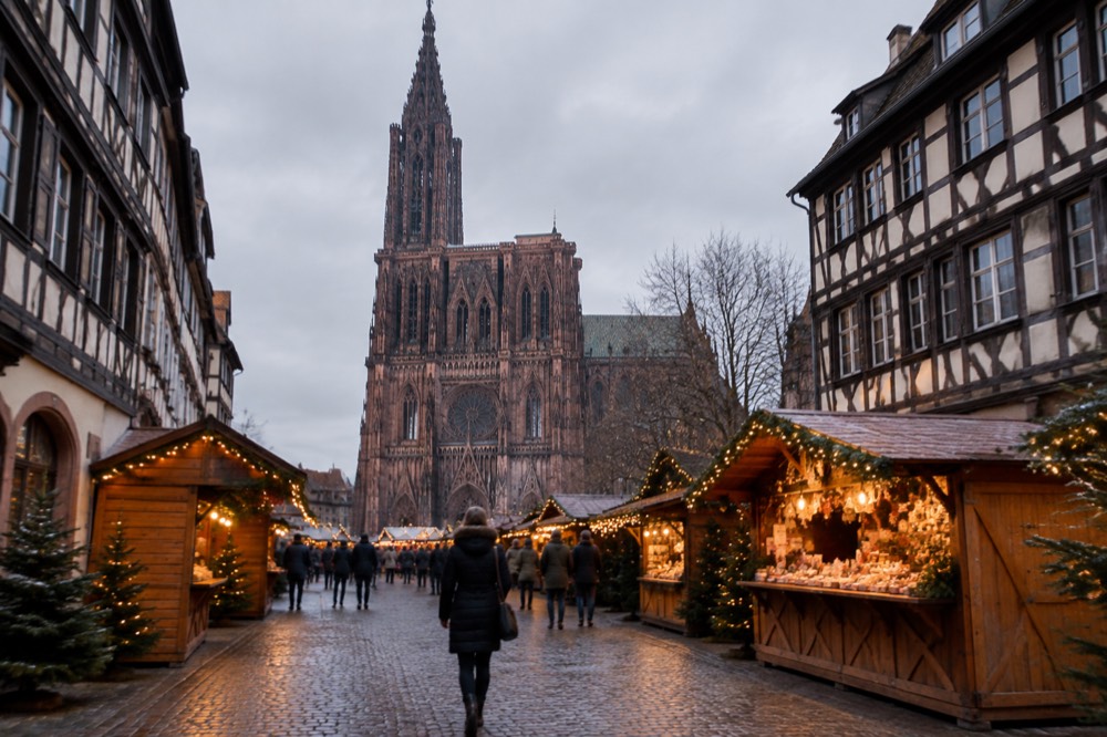 Festive wooden chalets with glowing garlands in front of Strasbourg Cathedral at dusk