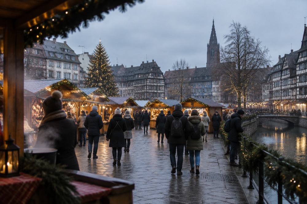 Half-timbered houses and a canal lit with festive decorations in an Alsatian old town