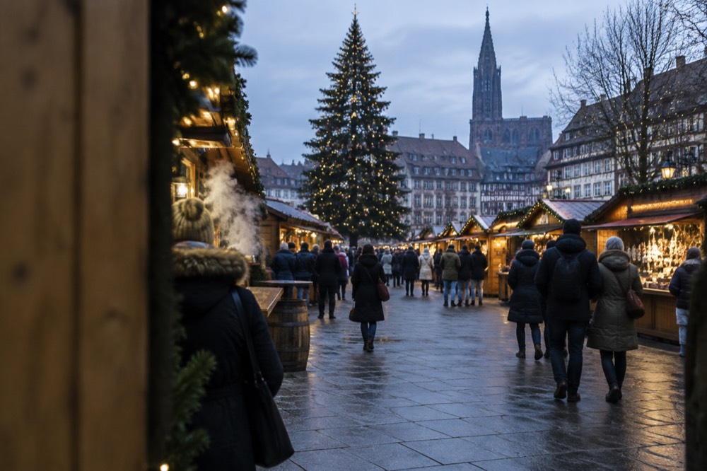 A tall decorated Christmas tree standing in a European city square at dusk