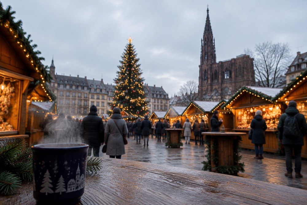 Christmas market chalets and lights around a decorated tree in an old European square