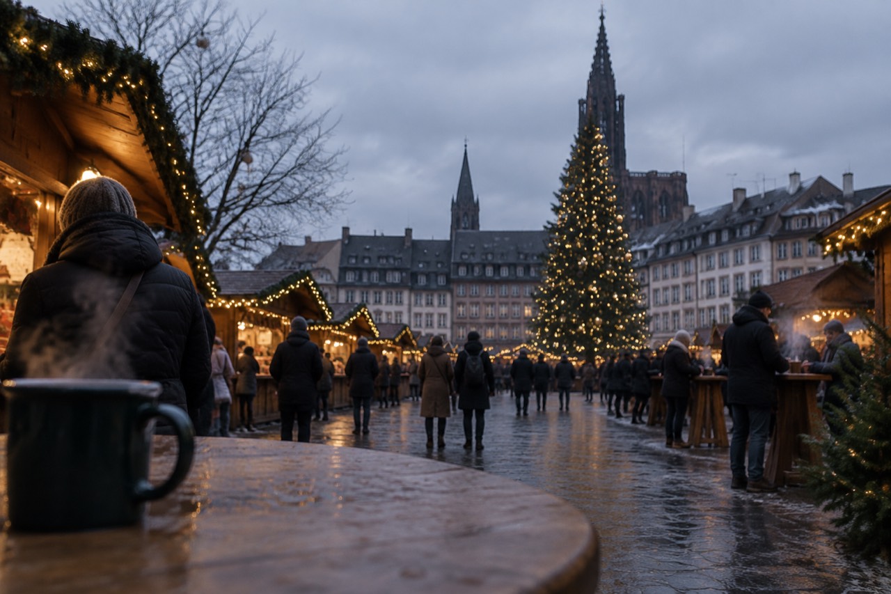 A tall decorated Christmas tree standing in a European city square at dusk