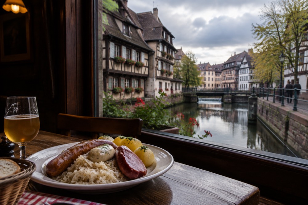 A plate of choucroute garnie with sauerkraut, sausages and potatoes on a wooden table in a dim winstub
