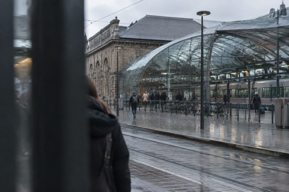 Railway platforms beside the glass front of Strasbourg's main train station