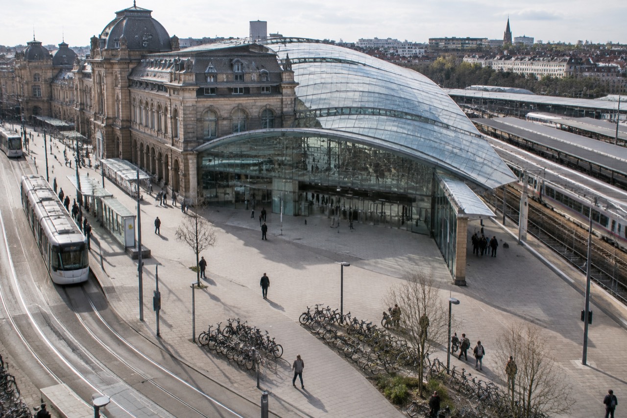 Railway platforms beside the glass front of Strasbourg's main train station