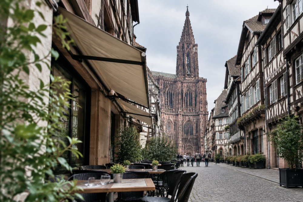 Small restaurant terrace on a narrow Strasbourg street with tables and chairs