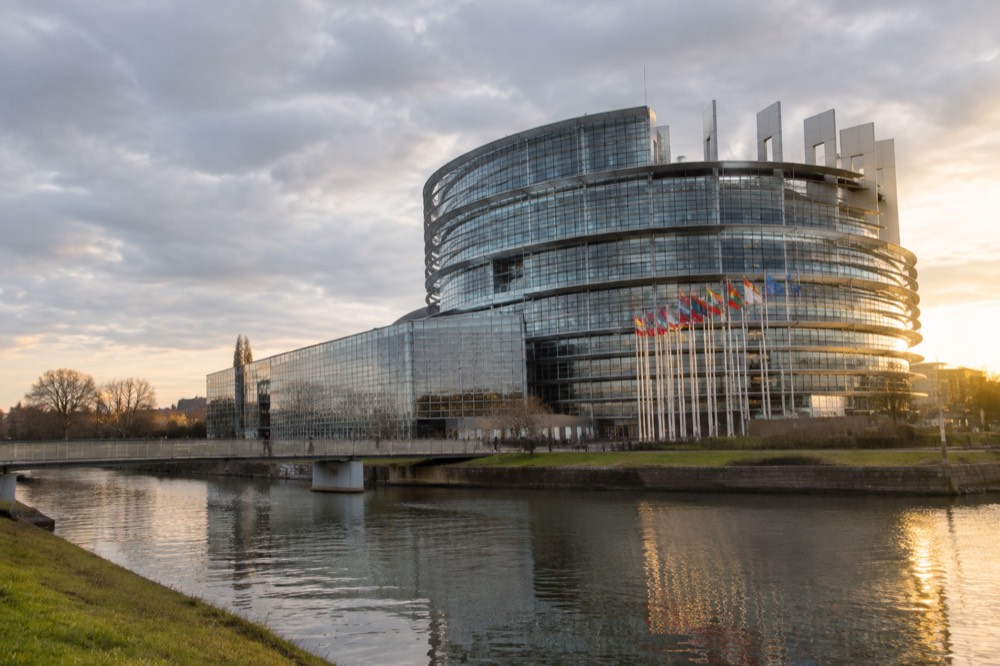 The European Parliament building in Strasbourg seen from across the water, with rows of member-state flags in front of the glass facade