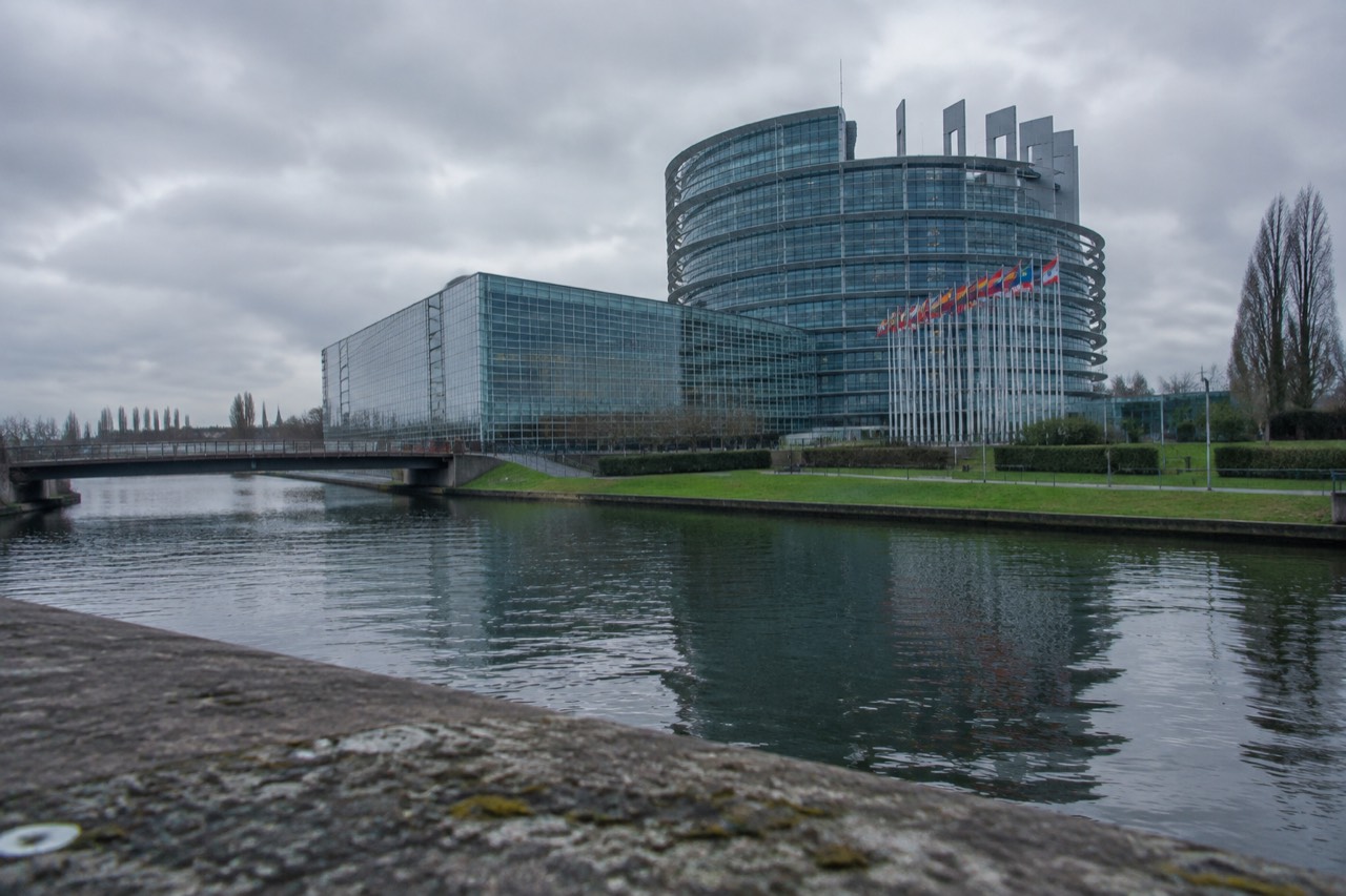 The European Parliament building in Strasbourg seen from across the water, with flags of the member states in front