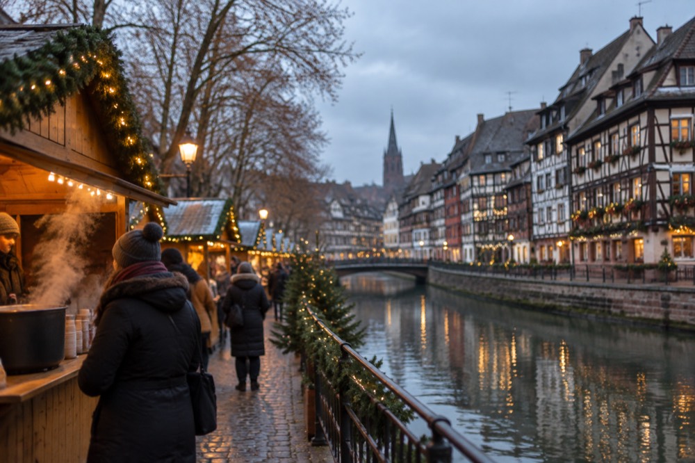 Half-timbered buildings decorated for Christmas beside a canal in Strasbourg's old quarter at dusk