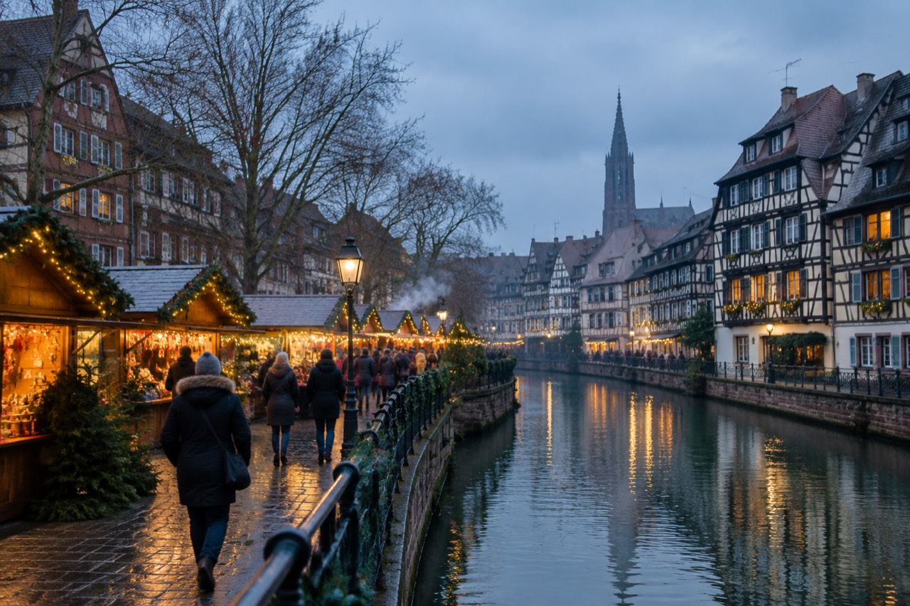 Half-timbered buildings decorated for Christmas beside a canal in Strasbourg's old quarter at dusk